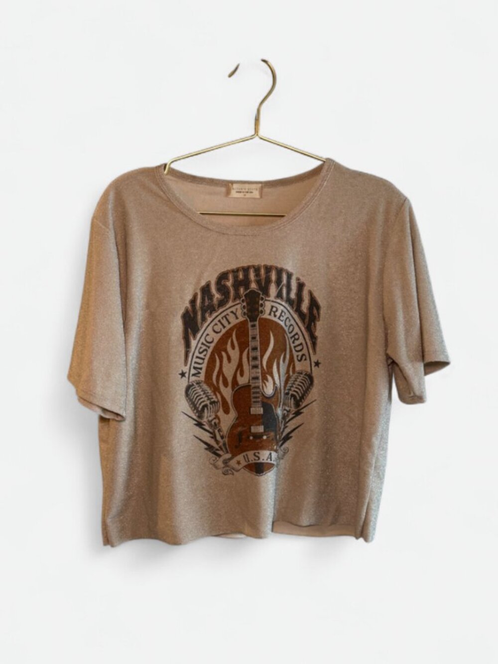 Altar'd State Nashville Shimmery Gold Graphic Tee Top Size Medium